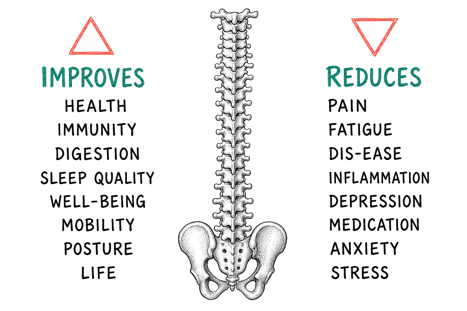 Spine diagram with lists of outcomes chiropractic care may improve and reduce