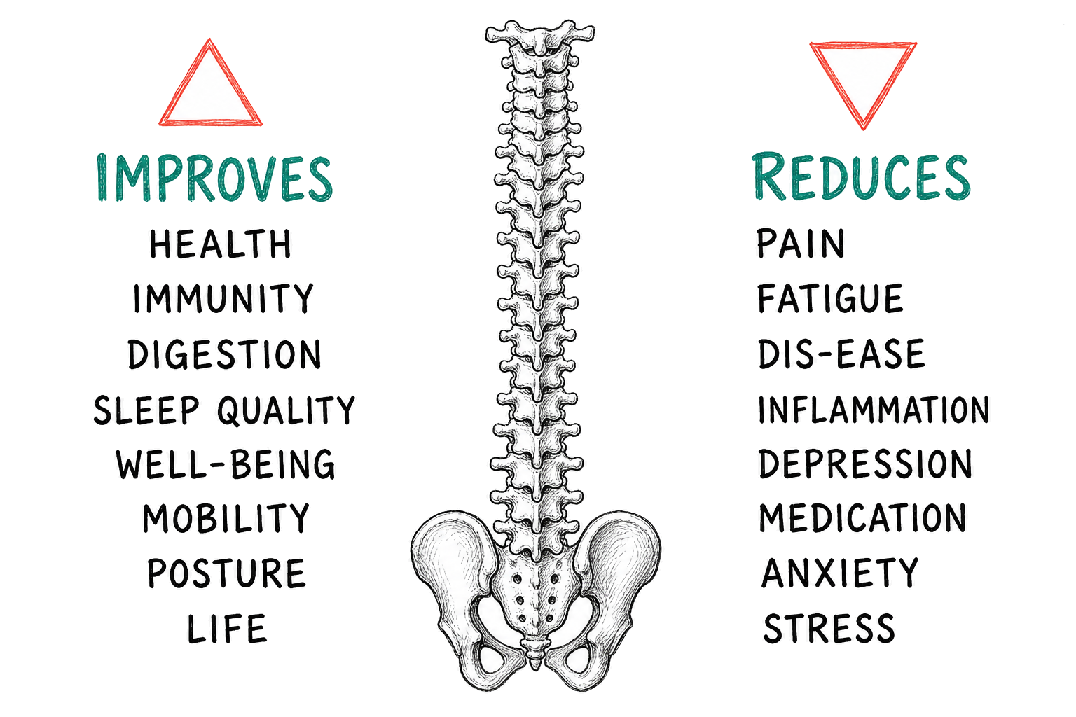 Spine diagram with lists of outcomes chiropractic care may improve and reduce